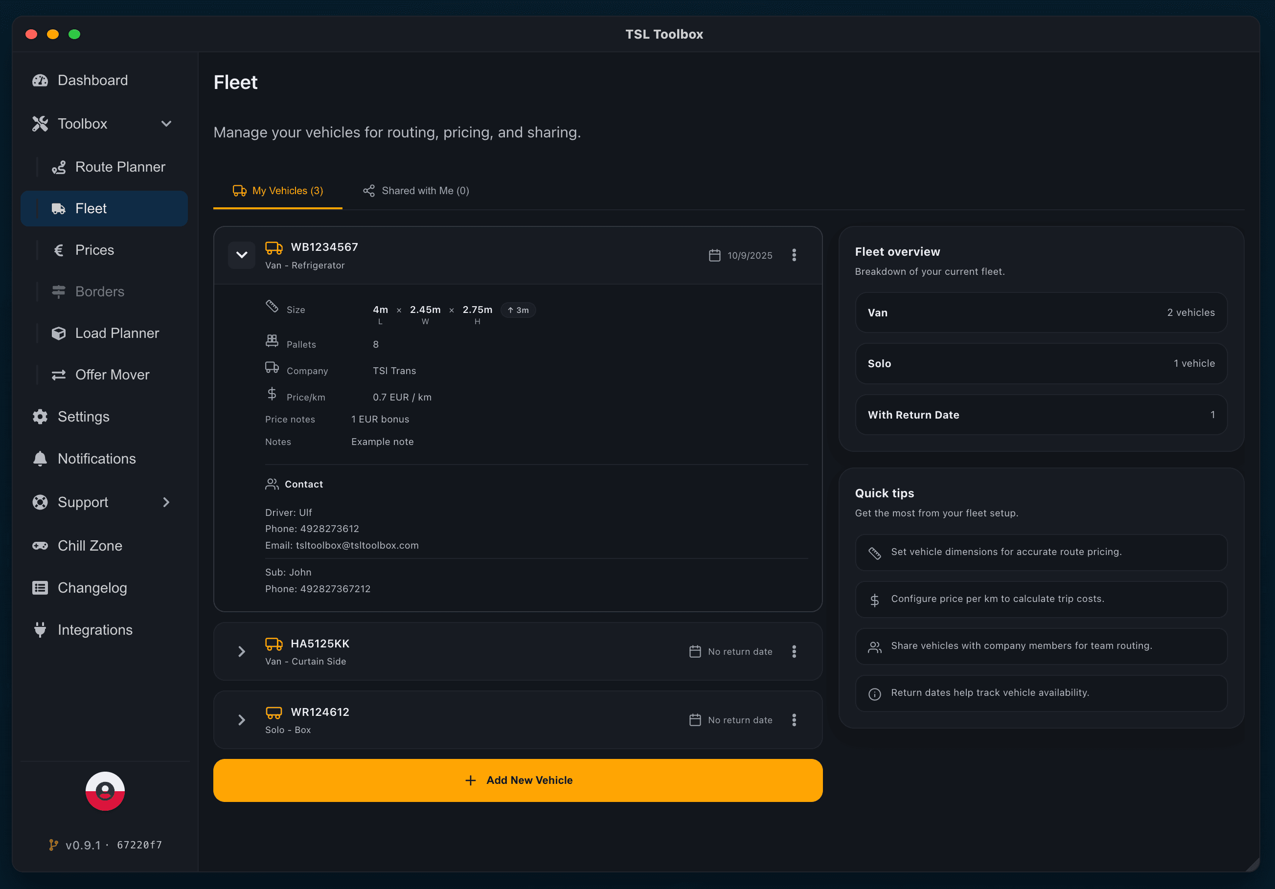 TSL Toolbox Fleet screen with expanded vehicle details and fleet overview