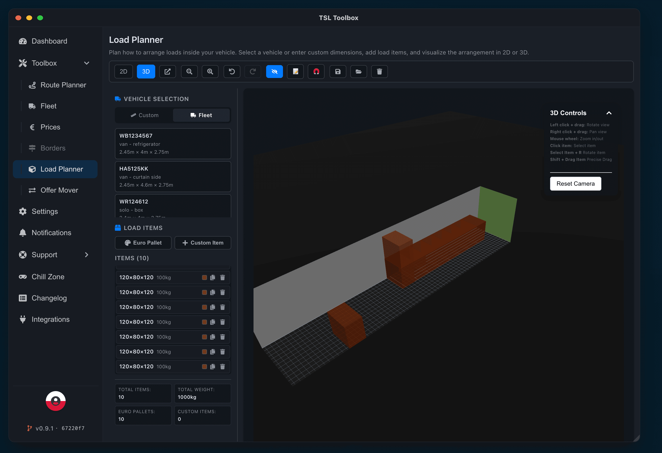 TSL Toolbox Load Planner showing pallets arranged inside a trailer in 3D
