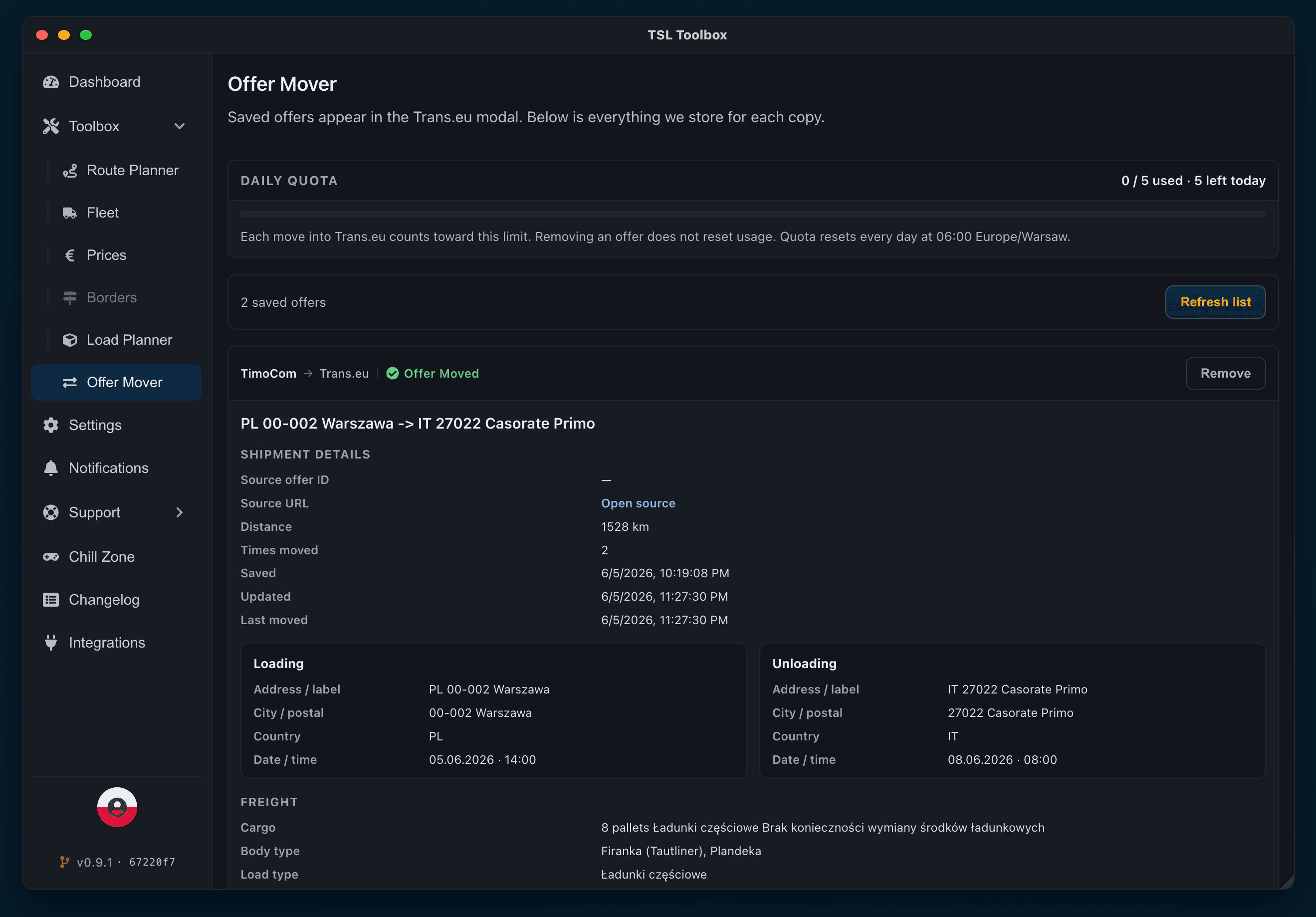 TSL Toolbox Offer Mover with quota, saved offer, shipment and address details