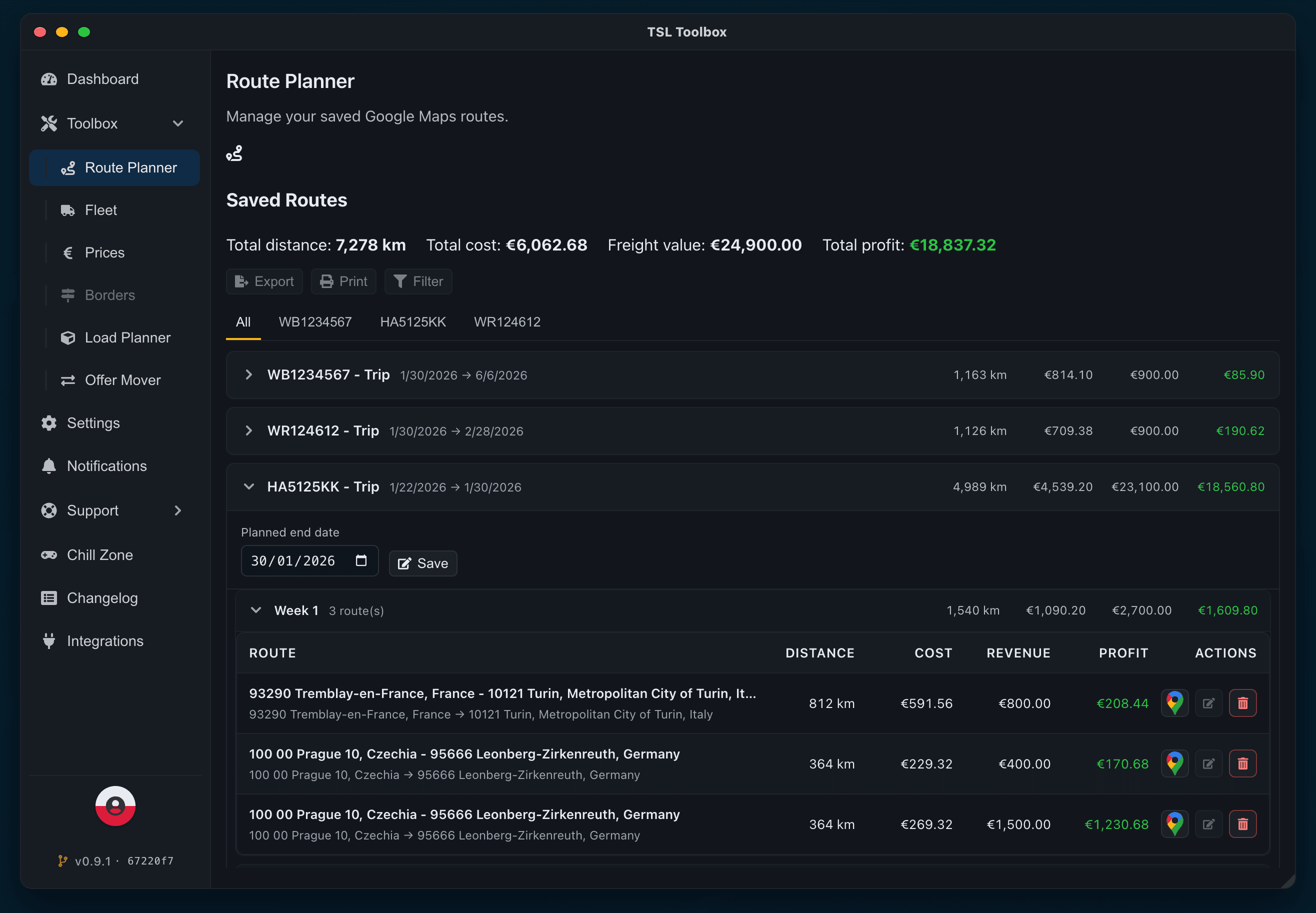 TSL Toolbox Route Planner showing saved vehicle trips and route financials
