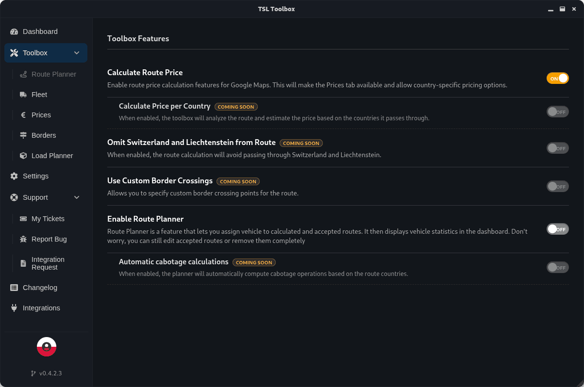 Route Costs & Distances interface preview
