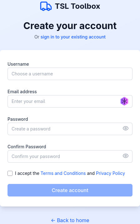 TSL Toolbox registration page
